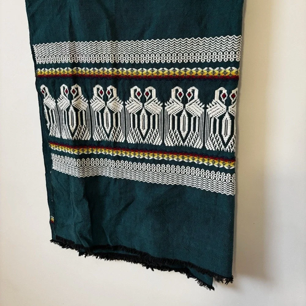 Antique Handwoven Textile Wall Hanging Fringes Swans Geometric Green